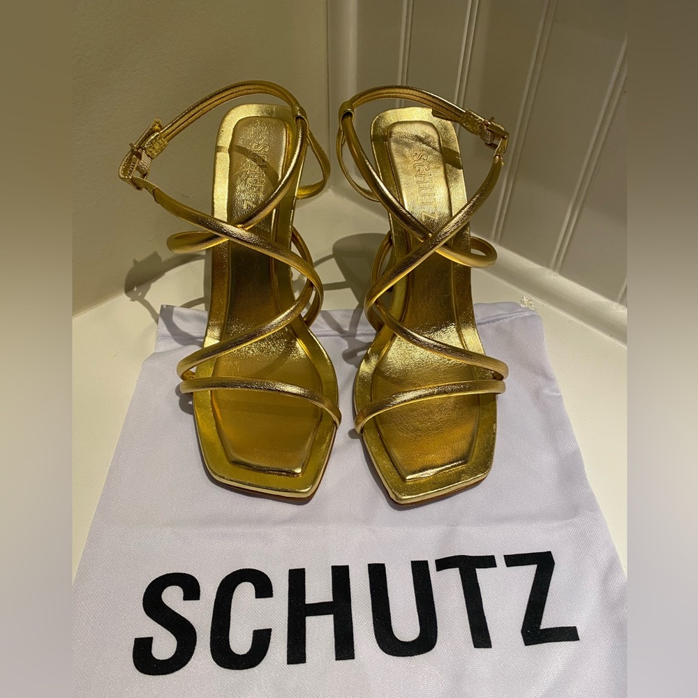 Shultz gold strappy heels.  Size 8.5.  New with box and shoe bag.